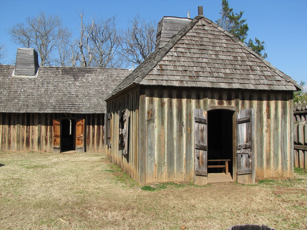 Wooden replica buildings at Fort St. Jean Baptiste State Historic Site